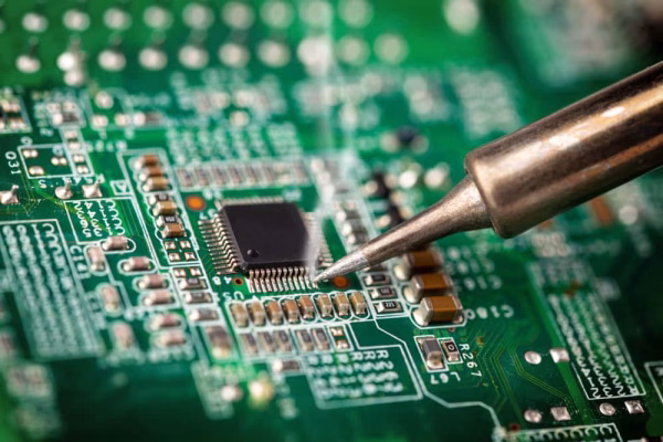 Soldering a micro chip processor with iron tool green circuit boad Electroncs service technology and macro computer concept background