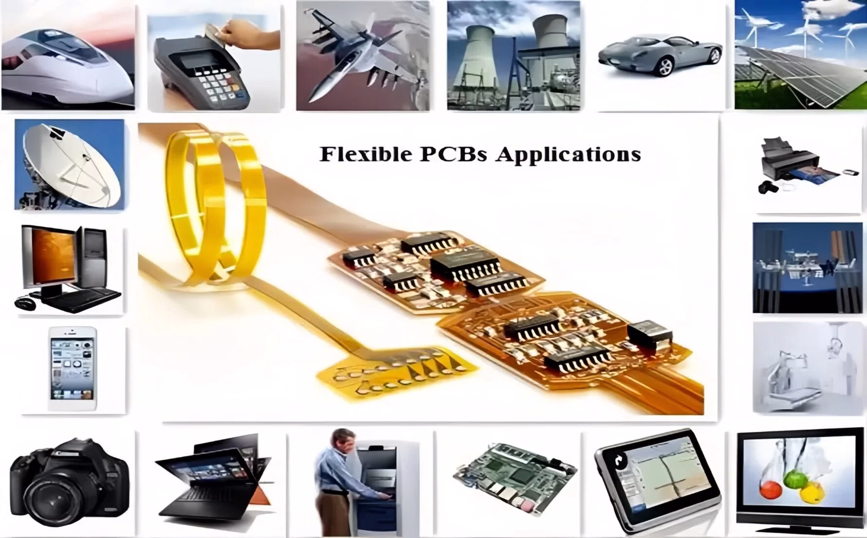 Flexible PCB applications in aerospace, medical, automotive, and consumer electronics.