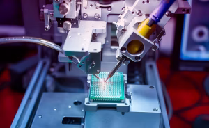 Automated PCB testing equipment with probe fixtures evaluating small circuit board components.