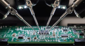 Four test probes making precise contact with an integrated circuit on a PCB for quality inspection.