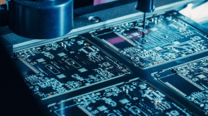 High-density PCB array undergoing automated probe inspection in a electronics manufacturing facility.