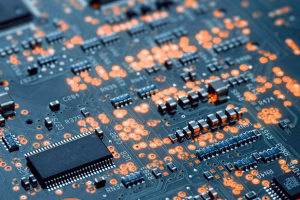 A close-up view of PCB surface mount components (SMD) showing thermal distribution during reflow.