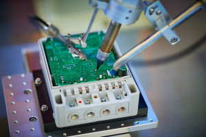 Precision robotic probes testing a green PCBA assembly to ensure functional reliability and quality control.