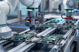 Precision robotic arms inspecting and handling circuit boards on an automated conveyor line.