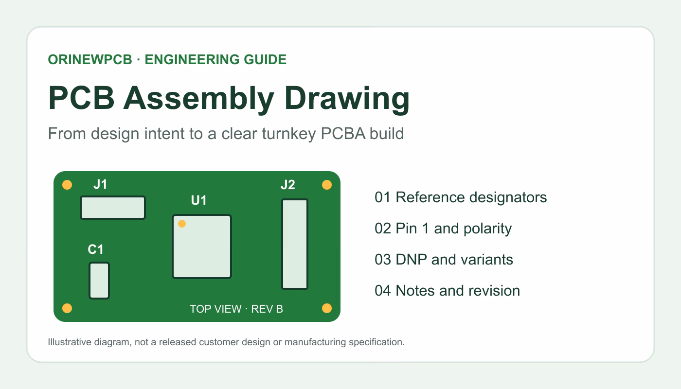 PCB assembly drawing guide for turnkey PCBA OrinewPCB PCB assembly drawing guide illustrating reference designators, pin 1 and polarity, DNP variants and revision notes