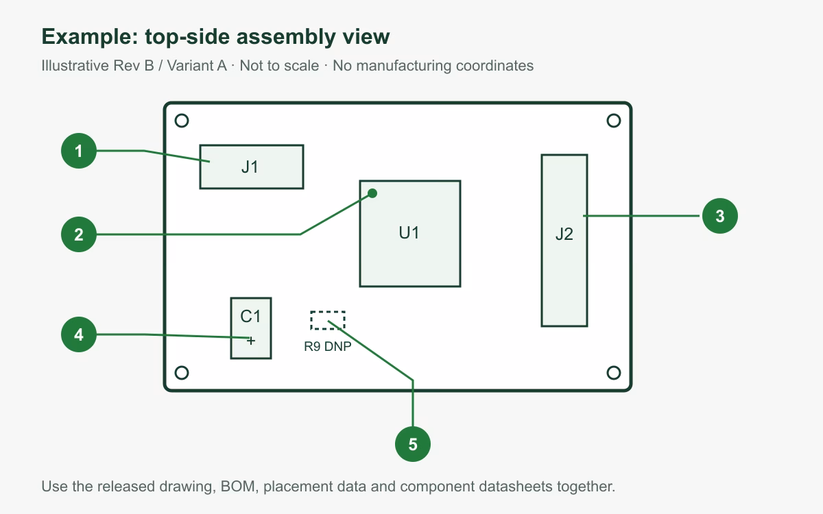 Illustrative top-side PCB assembly drawing with J1 and J2, U1 pin 1, C1 polarity and R9 DNP callouts