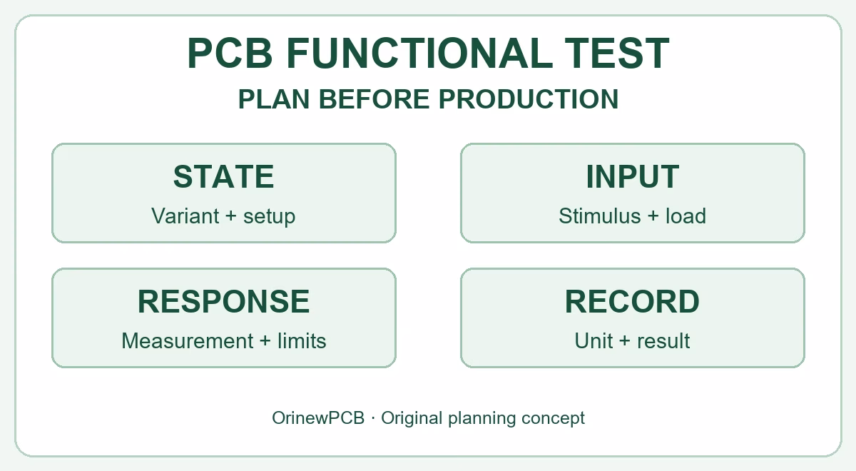 Original concept showing state, input, response and records in a PCB functional test plan